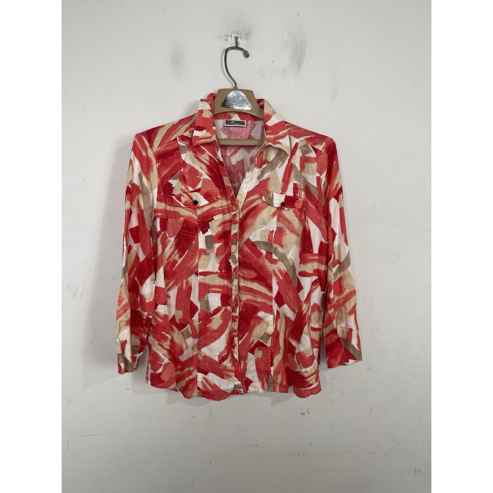 J Jill Womens Shirt XL‎ Petite Red 100% Linen Beachy Travel Button Up Cruise